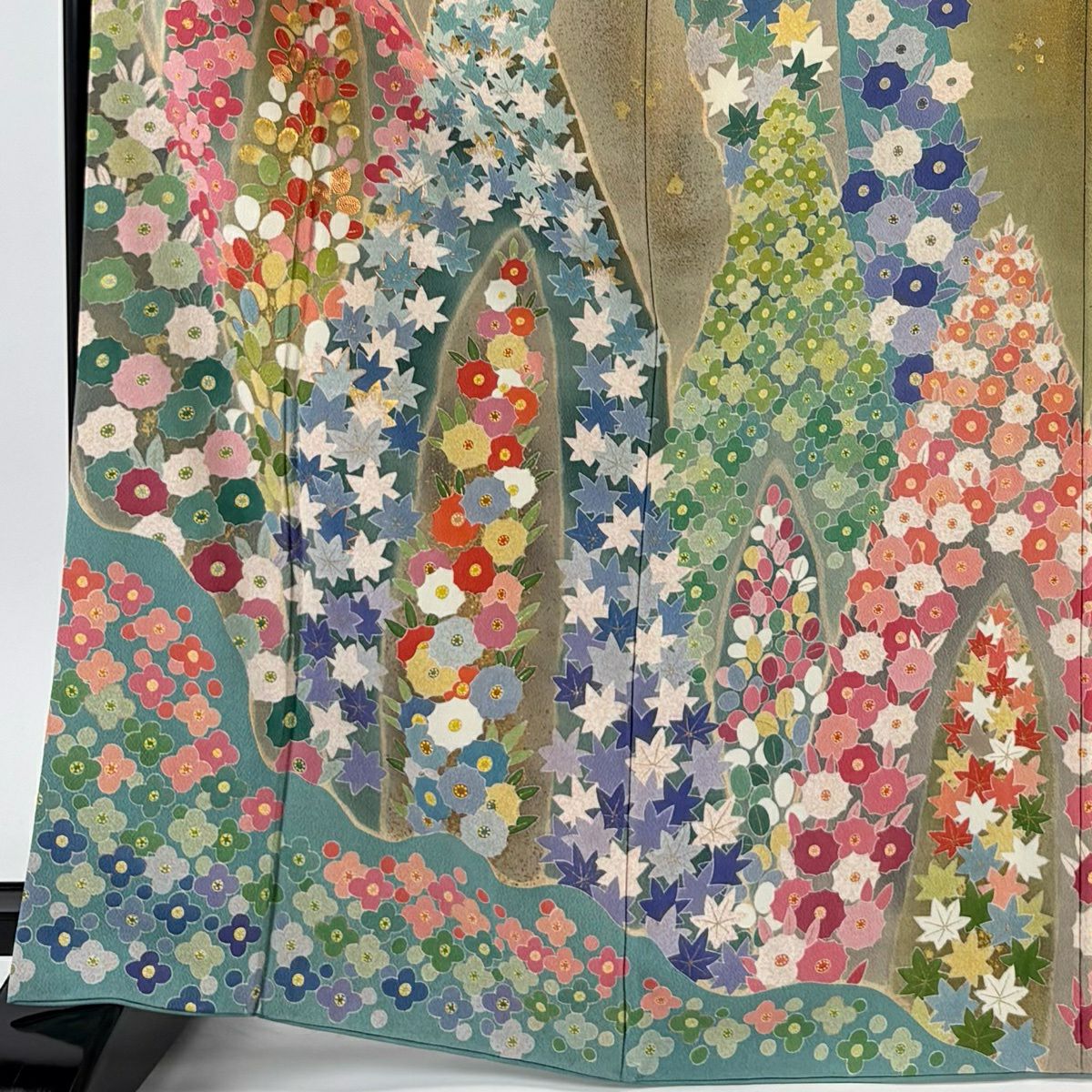 訪問服 身長168.5cm 袖長68.5cm L 雙層 松樹井青青 落款有 萩 草花紋紋 金絲 金銀彩 淺青綠 純蠶絲 逸品級