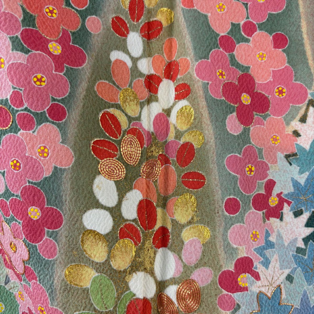 訪問服 身長168.5cm 袖長68.5cm L 雙層 松樹井青青 落款有 萩 草花紋紋 金絲 金銀彩 淺青綠 純蠶絲 逸品級