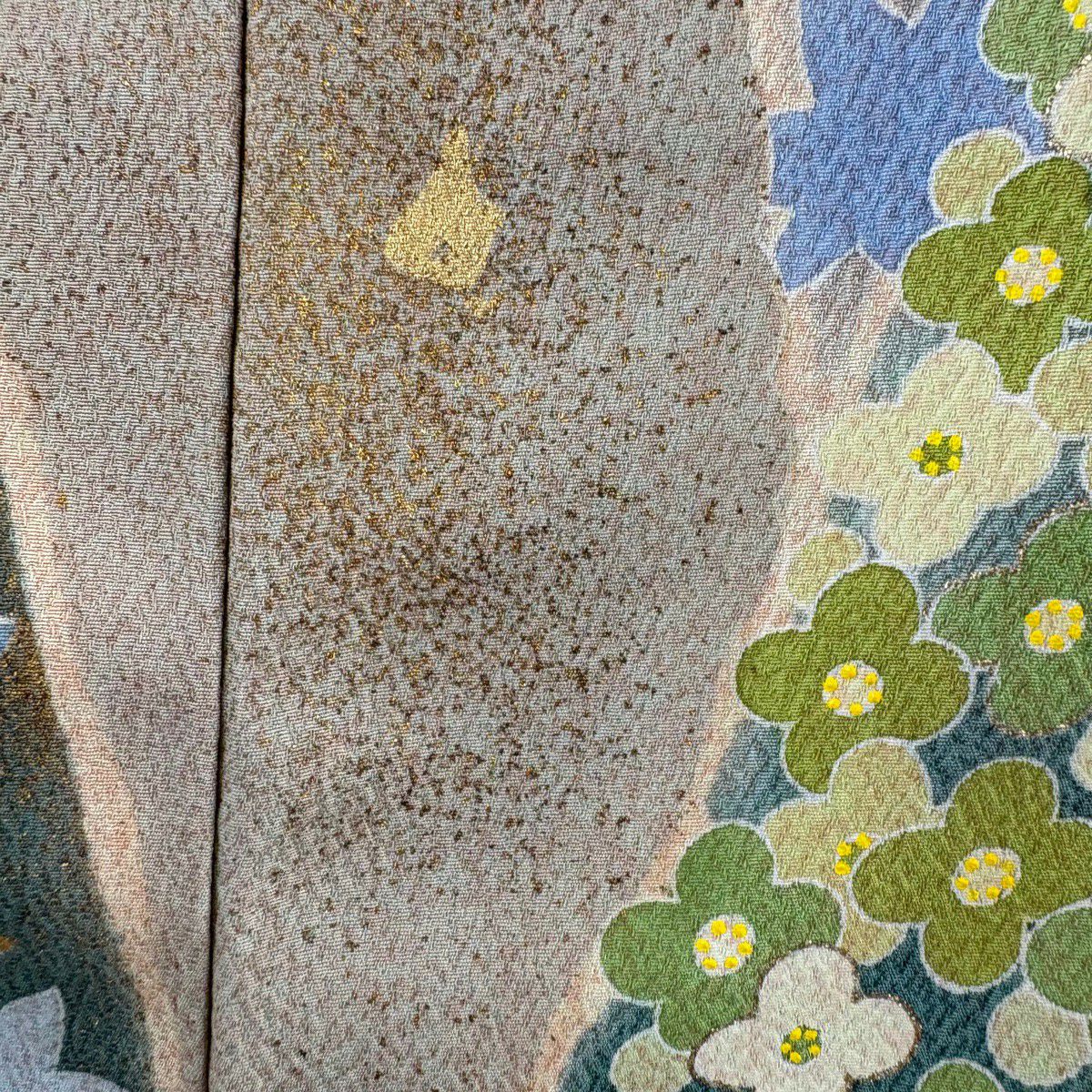 訪問服 身長168.5cm 袖長68.5cm L 雙層 松樹井青青 落款有 萩 草花紋紋 金絲 金銀彩 淺青綠 純蠶絲 逸品級