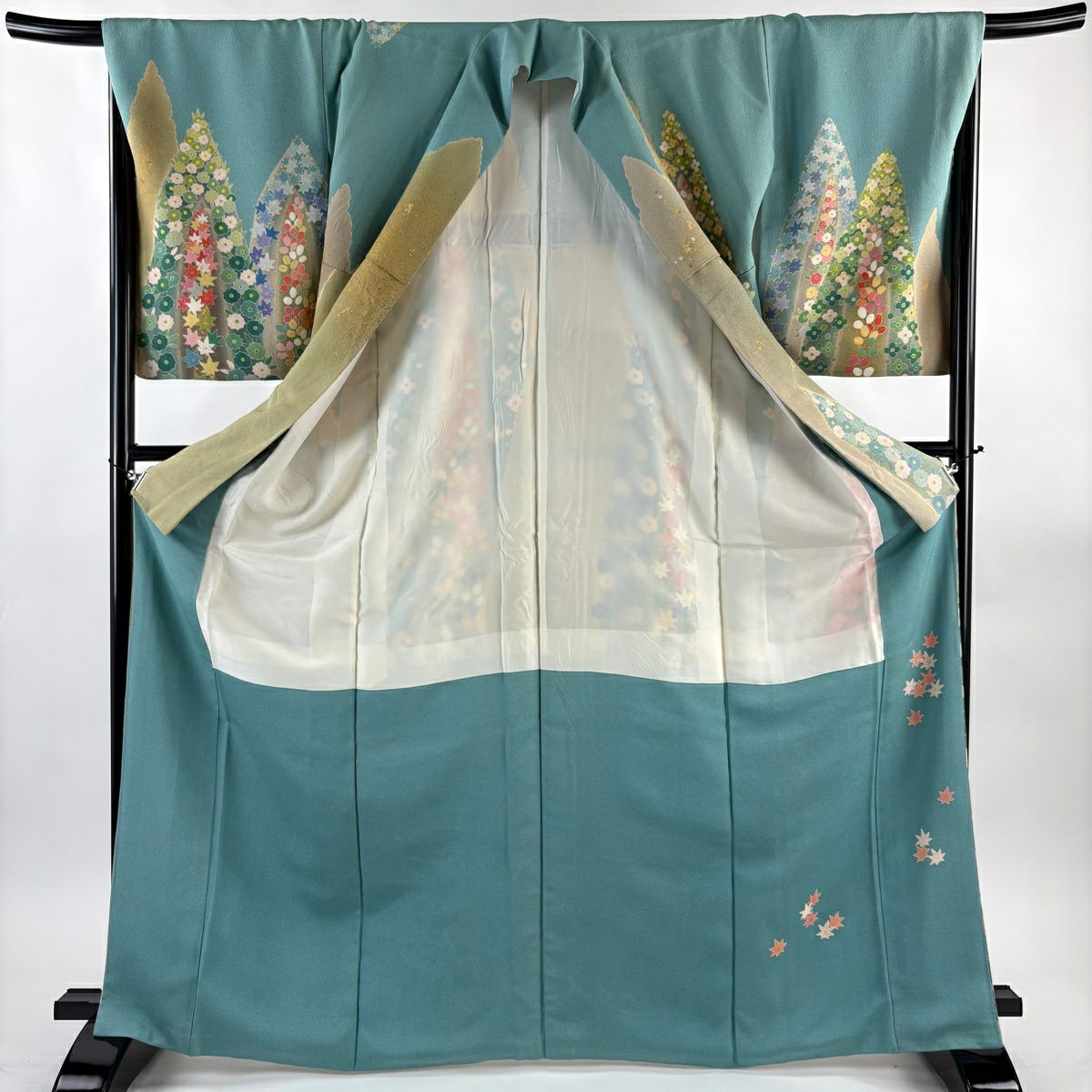 訪問服 身長168.5cm 袖長68.5cm L 雙層 松樹井青青 落款有 萩 草花紋紋 金絲 金銀彩 淺青綠 純蠶絲 逸品級