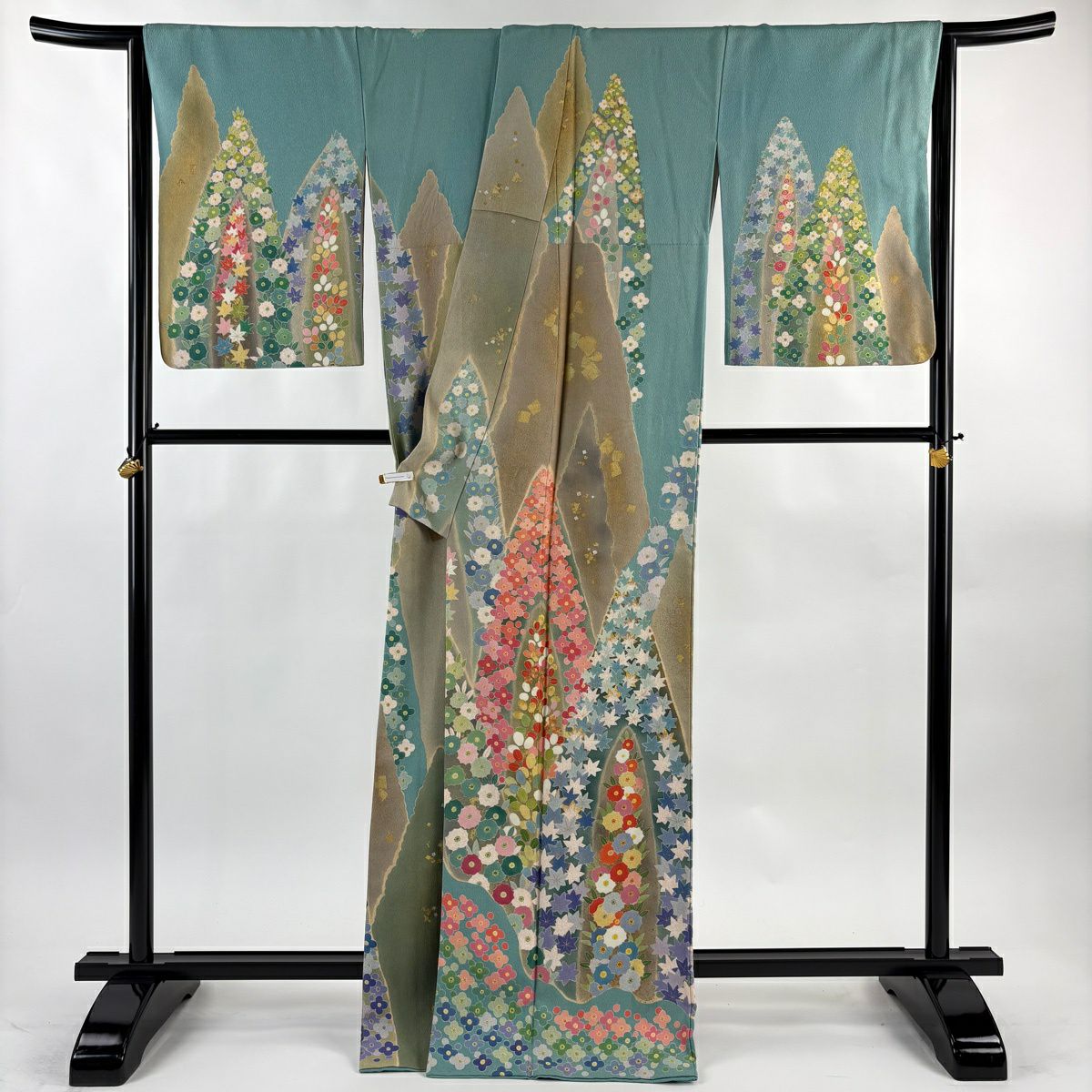 訪問服 身長168.5cm 袖長68.5cm L 雙層 松樹井青青 落款有 萩 草花紋紋 金絲 金銀彩 淺青綠 純蠶絲 逸品級