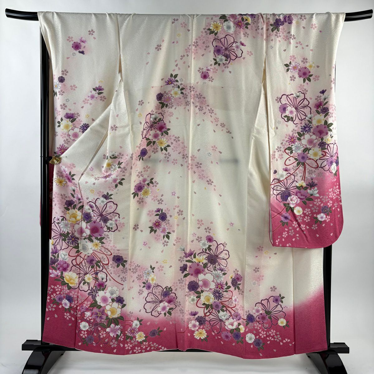 【美品】振袖禮服 身長160.5cm 袖長72cm L 雙層 櫻花 組織帶 金金箔 銀通過 奶油色 純蠶絲 逸品級