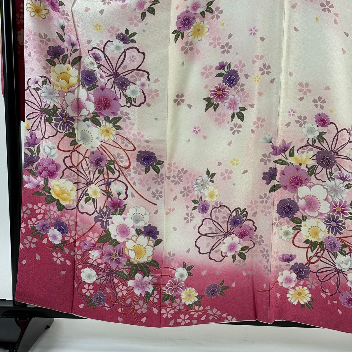 【美品】振袖禮服 身長160.5cm 袖長72cm L 雙層 櫻花 組織帶 金金箔 銀通過 奶油色 純蠶絲 逸品級