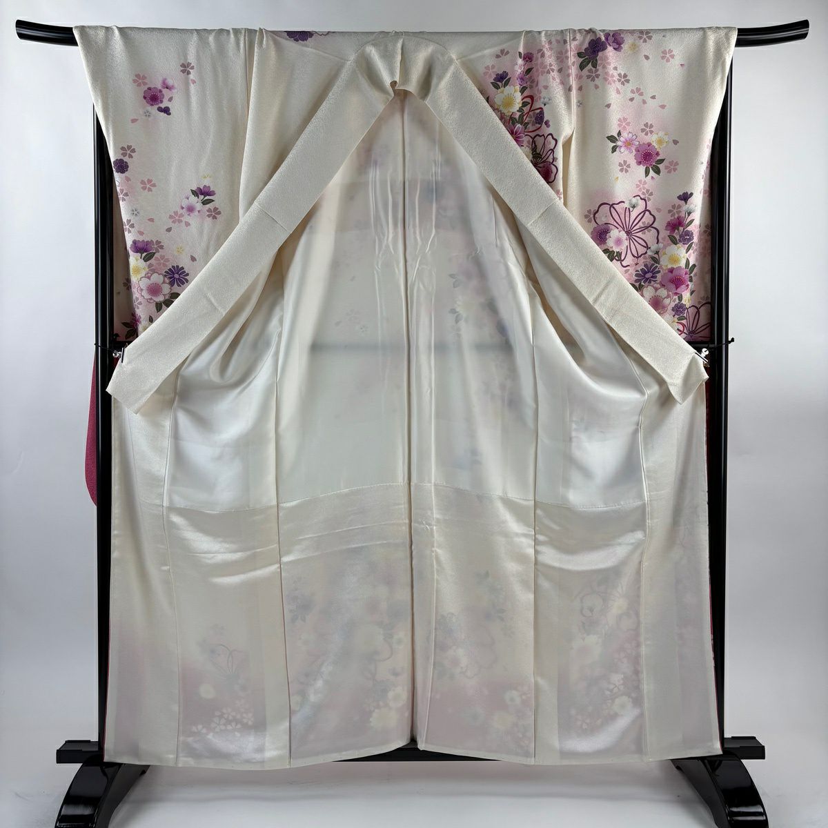 【美品】振袖禮服 身長160.5cm 袖長72cm L 雙層 櫻花 組織帶 金金箔 銀通過 奶油色 純蠶絲 逸品級