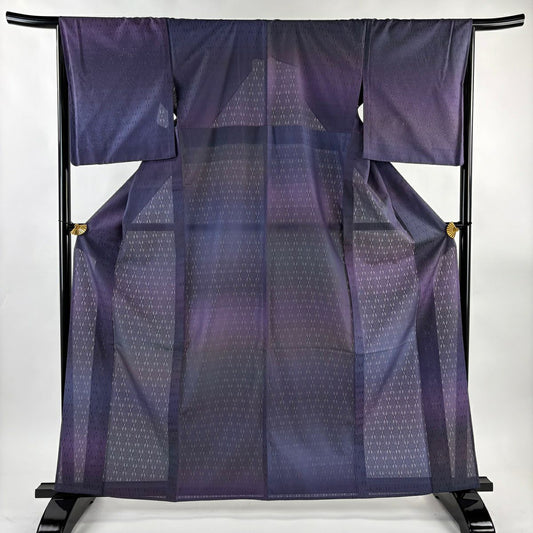 【美品】 小紋 身長162.5cm 袖長65.5cm M 薄物 紗 地紋 段暈染 紫 純蠶絲 逸品級
