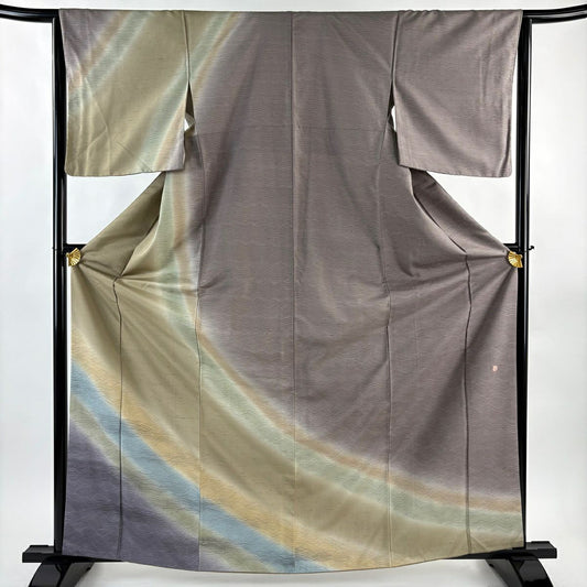 【美品】訪問服 身長164.5cm 袖長64cm M 雙層 牛首紬織織 地 落款あり 證書あり よろけ縞 ぼかし 薄茶 純蠶絲 逸品級