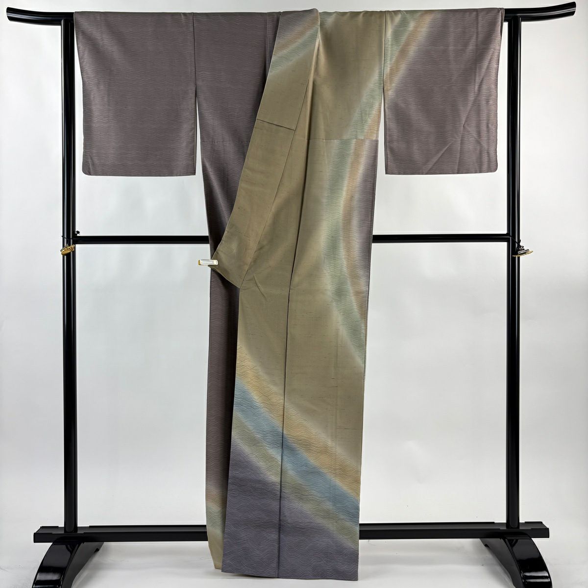 【美品】訪問服 身長164.5cm 袖長64cm M 雙層 牛首紬織織 地 落款あり 證書あり よろけ縞 ぼかし 薄茶 純蠶絲 逸品級