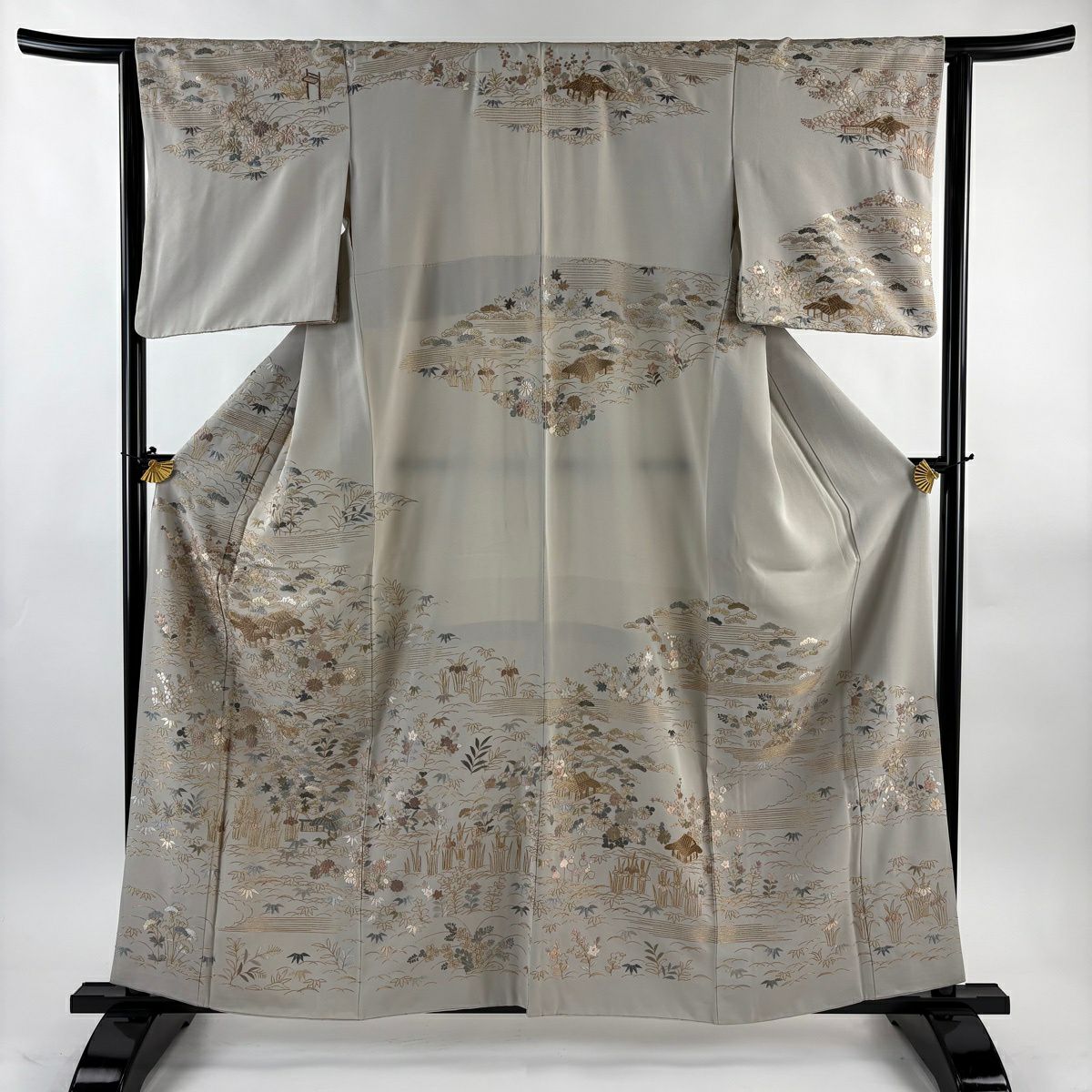 訪問服 身長159cm 袖長63cm S 雙層 建物 松樹竹子梅花 刺繡 金糸 灰茶 純蠶絲 逸品級