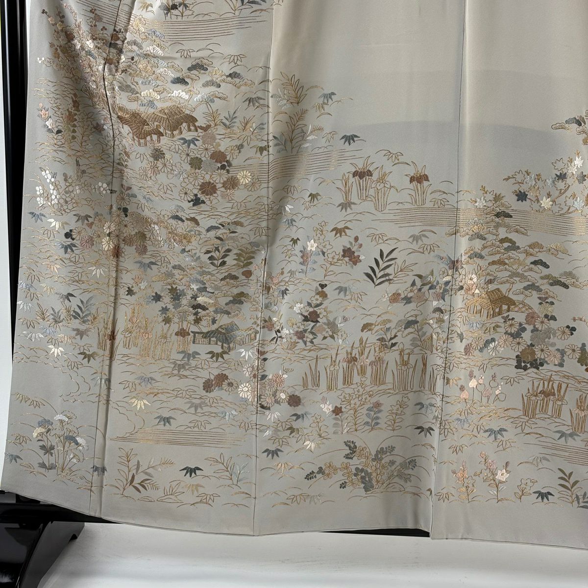 訪問服 身長159cm 袖長63cm S 雙層 建物 松樹竹子梅花 刺繡 金糸 灰茶 純蠶絲 逸品級