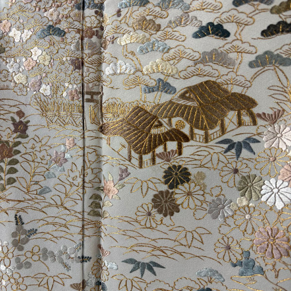 訪問服 身長159cm 袖長63cm S 雙層 建物 松樹竹子梅花 刺繡 金糸 灰茶 純蠶絲 逸品級