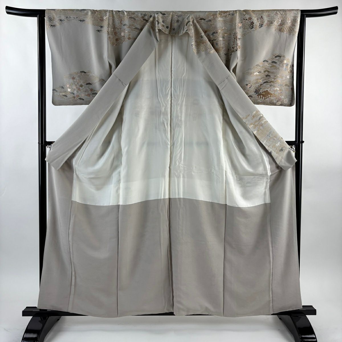 訪問服 身長159cm 袖長63cm S 雙層 建物 松樹竹子梅花 刺繡 金糸 灰茶 純蠶絲 逸品級
