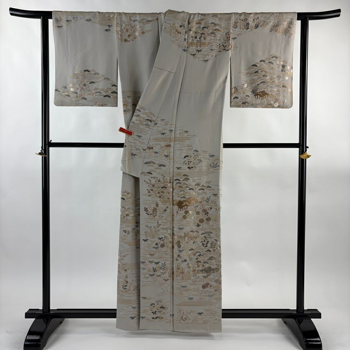 訪問服 身長159cm 袖長63cm S 雙層 建物 松樹竹子梅花 刺繡 金糸 灰茶 純蠶絲 逸品級
