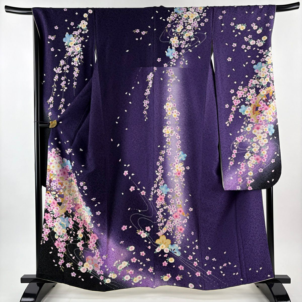 【美品】振袖禮服 身長161.5cm 袖長68cm L 雙層 源氏車 櫻花 金銀彩 刺繡 紫 純蠶絲 逸品級
