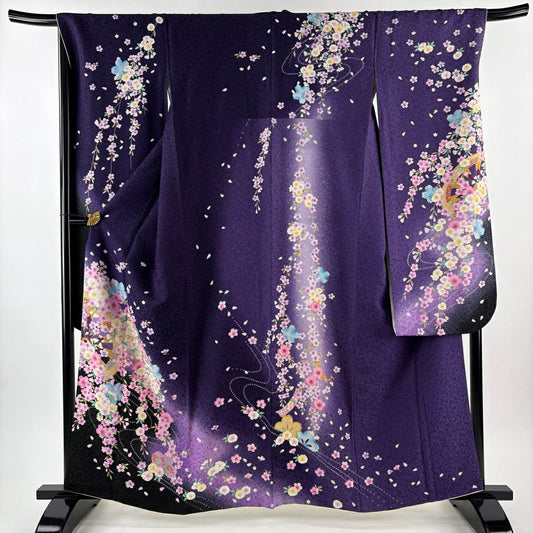 【美品】振袖禮服 身長161.5cm 袖長68cm L 雙層 源氏車 櫻花 金銀彩 刺繡 紫 純蠶絲 逸品級