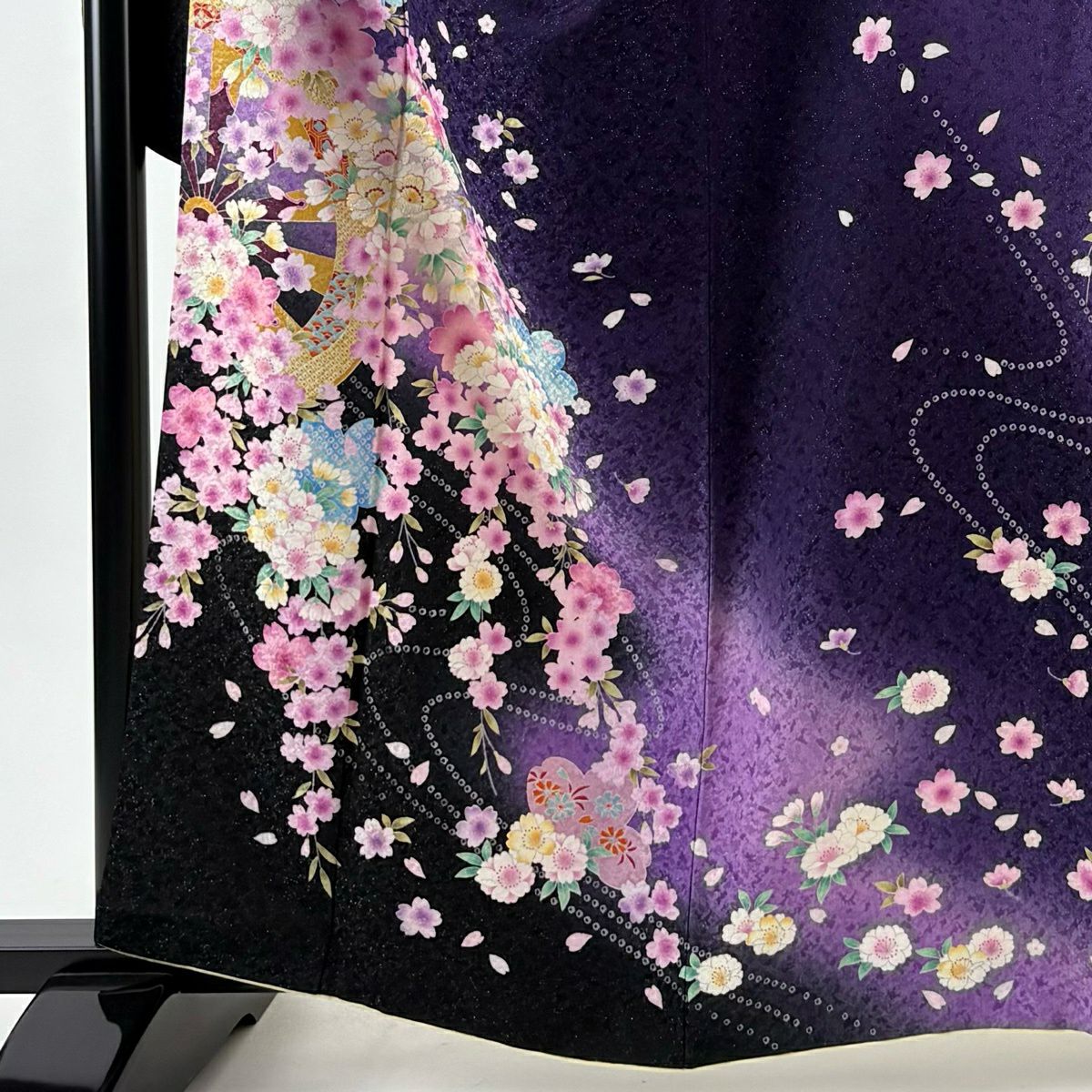 【美品】振袖禮服 身長161.5cm 袖長68cm L 雙層 源氏車 櫻花 金銀彩 刺繡 紫 純蠶絲 逸品級