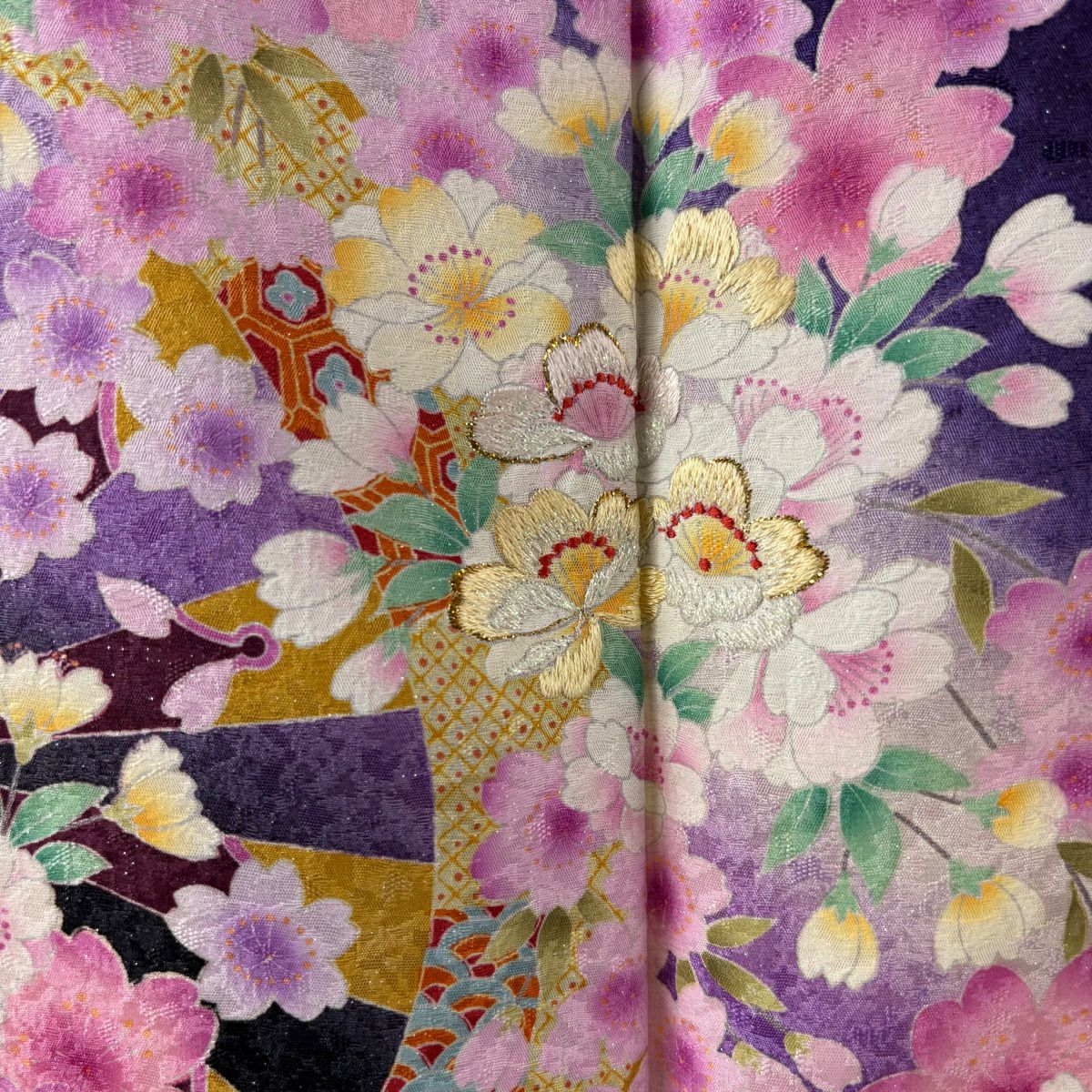 【美品】振袖禮服 身長161.5cm 袖長68cm L 雙層 源氏車 櫻花 金銀彩 刺繡 紫 純蠶絲 逸品級