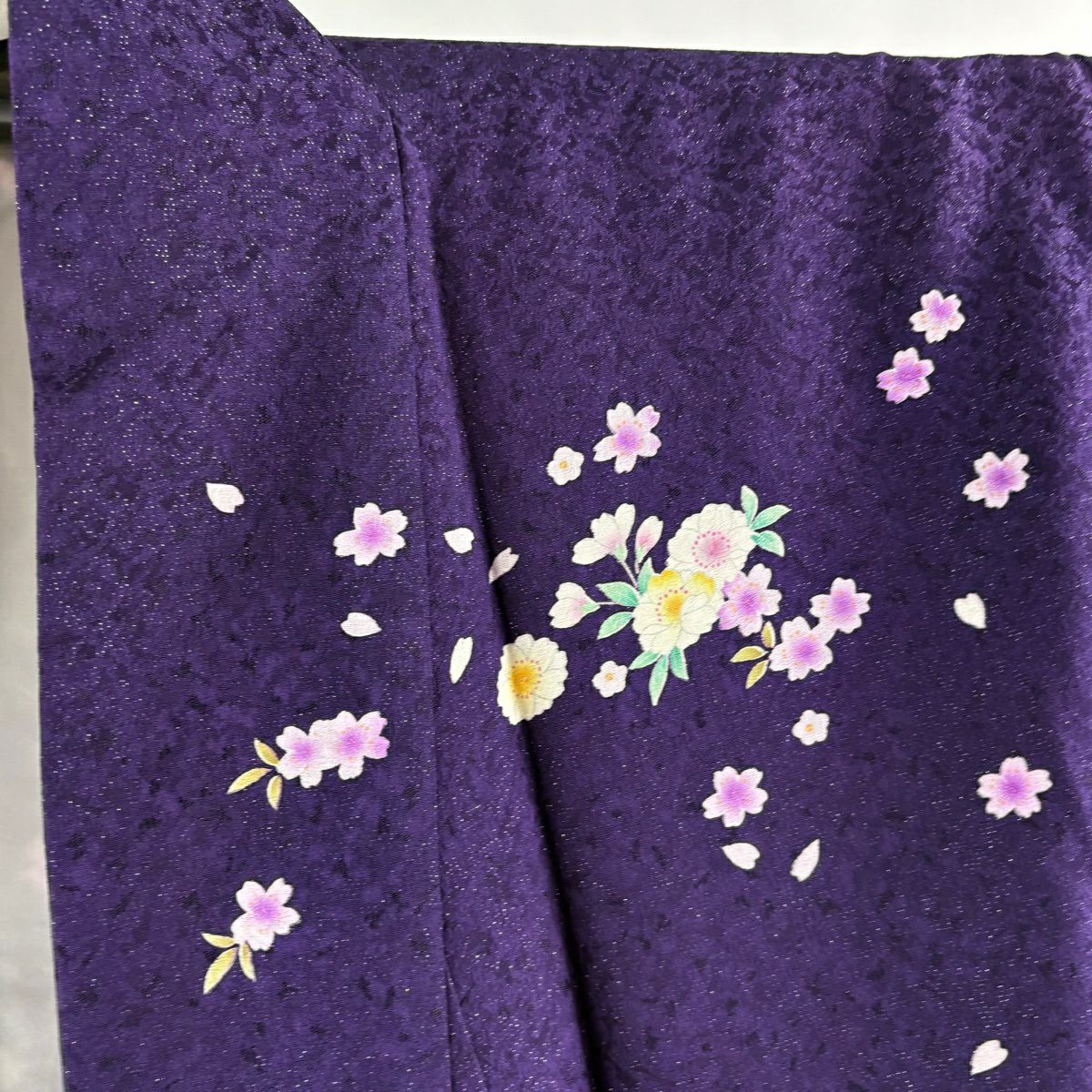 【美品】振袖禮服 身長161.5cm 袖長68cm L 雙層 源氏車 櫻花 金銀彩 刺繡 紫 純蠶絲 逸品級