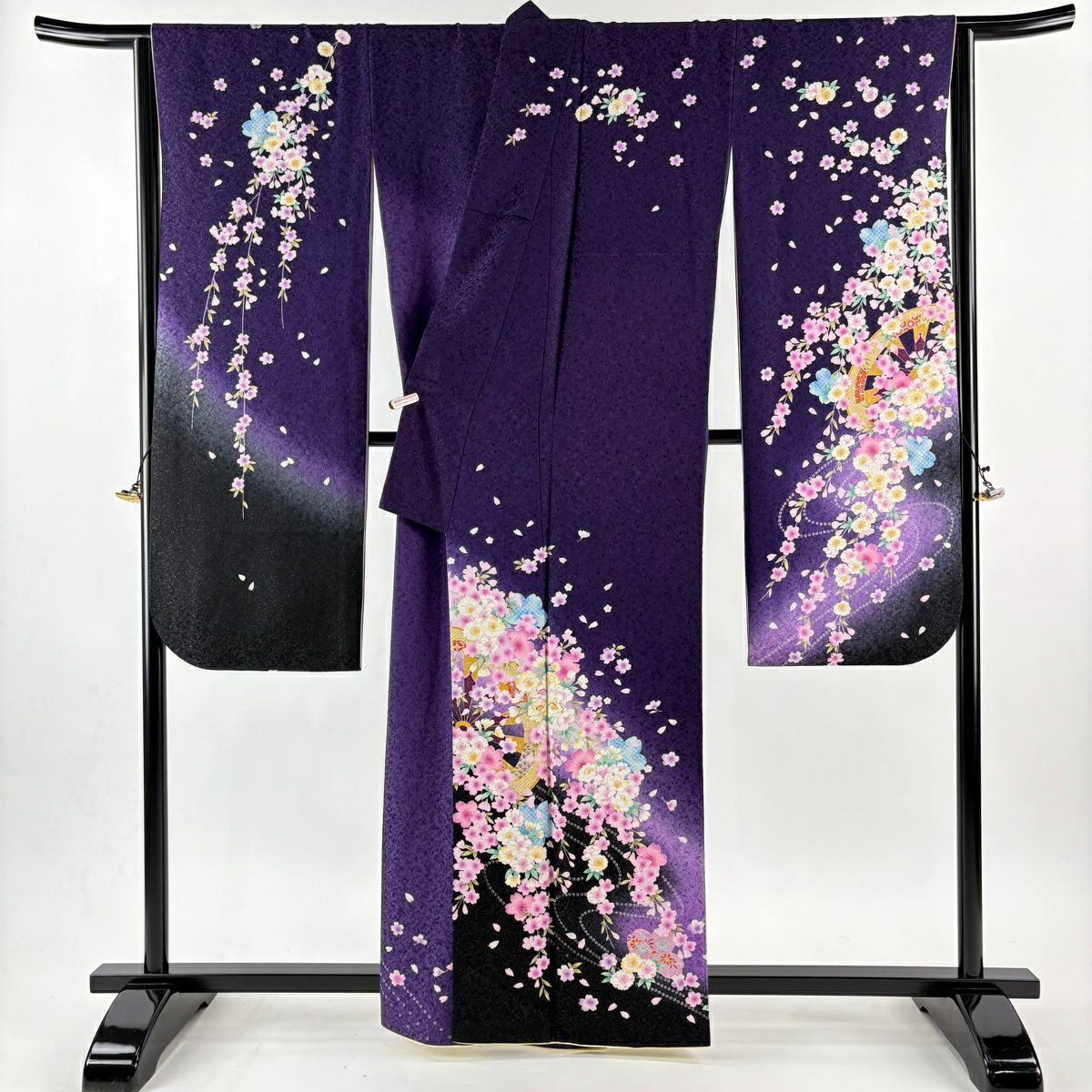 【美品】振袖禮服 身長161.5cm 袖長68cm L 雙層 源氏車 櫻花 金銀彩 刺繡 紫 純蠶絲 逸品級