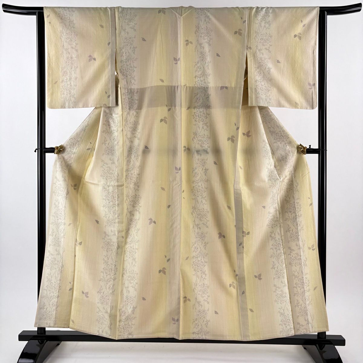 【美品】 紬織 身長158cm 袖長62cm S 單層 枝花 龜甲絣 米色 純蠶絲 逸品級