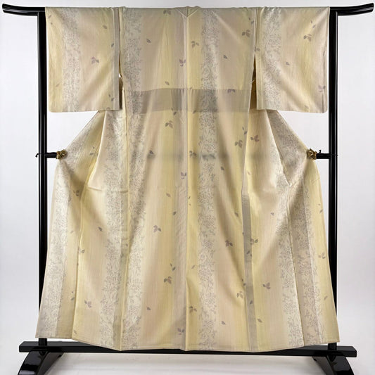 【美品】 紬織 身長158cm 袖長62cm S 單層 枝花 龜甲絣 米色 純蠶絲 逸品級