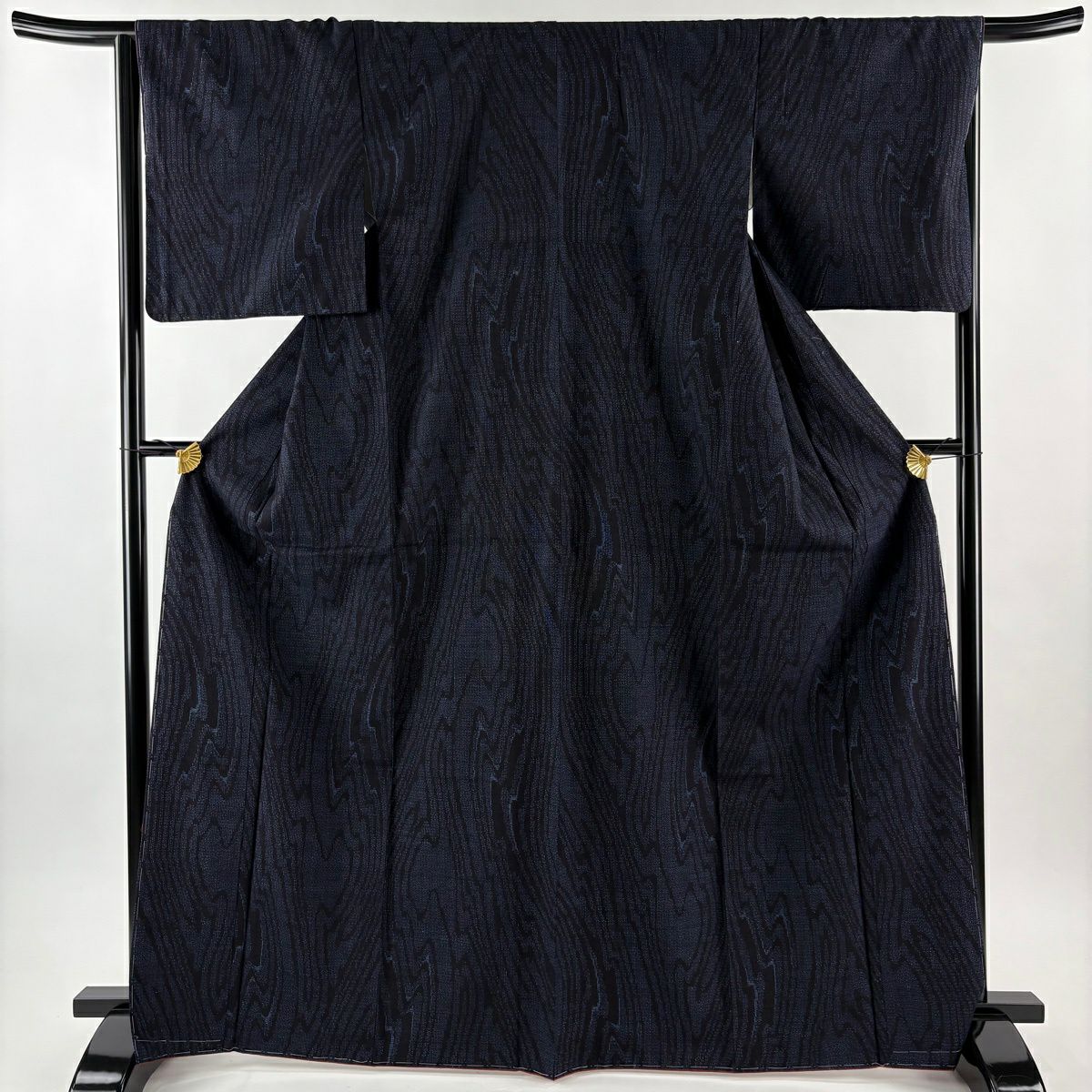 【美品】結城紬織 身長168cm 袖長65.5cm M 雙層 本場結城紬織 證書齊全 幾何學圖案 龜甲絣 深藍 純蠶絲 逸品級