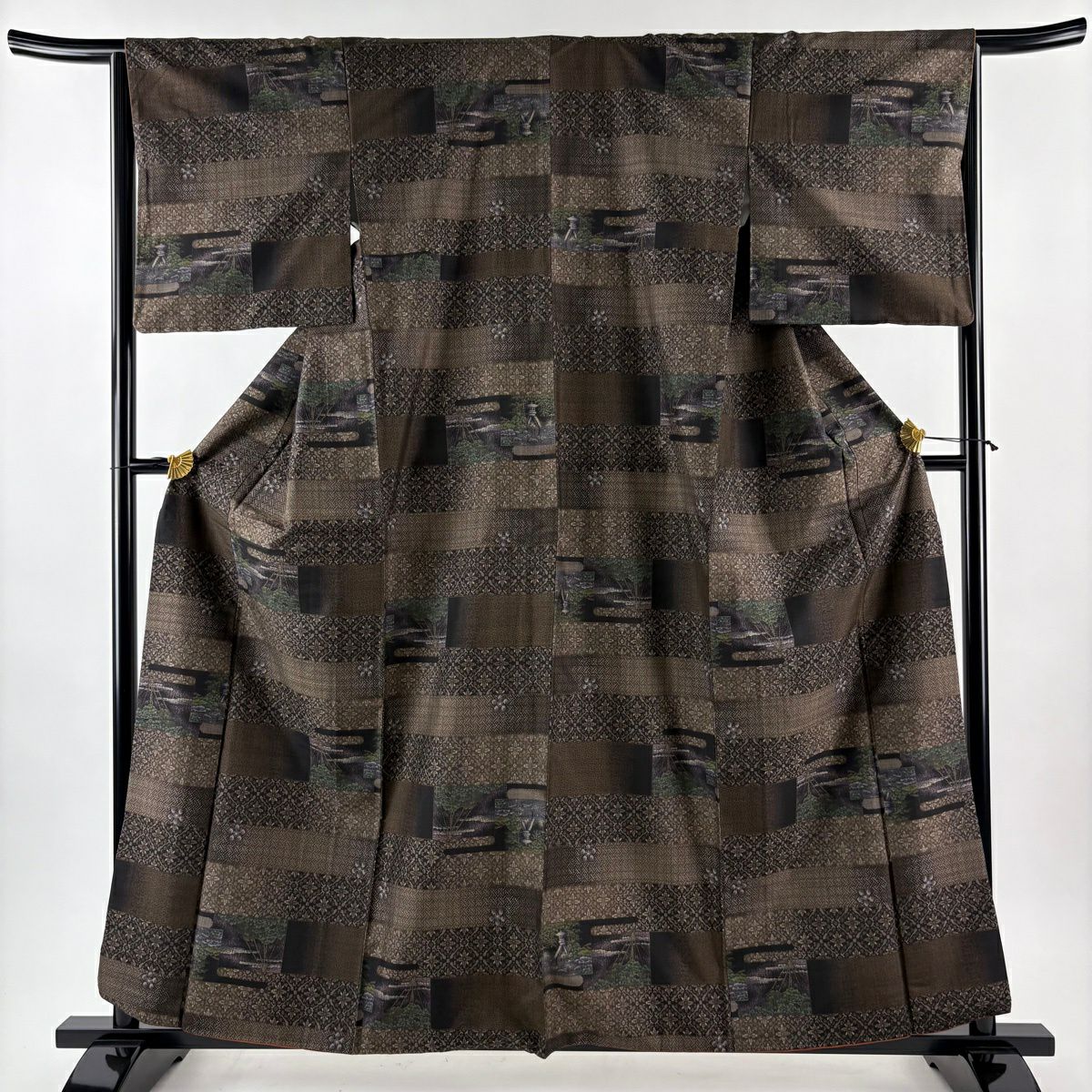 【美品】 大島紬織 身長159.5cm 袖長65cm M 雙層 ほていや 證書附帶 扇子子 花菱 茶 純蠶絲 逸品級