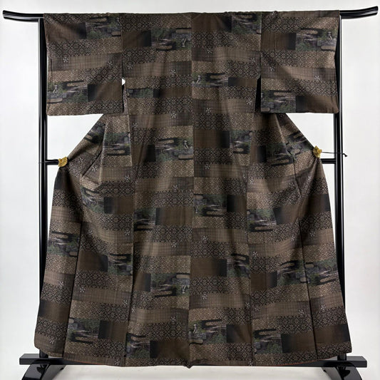 【美品】 大島紬織 身長159.5cm 袖長65cm M 雙層 ほていや 證書附帶 扇子子 花菱 茶 純蠶絲 逸品級