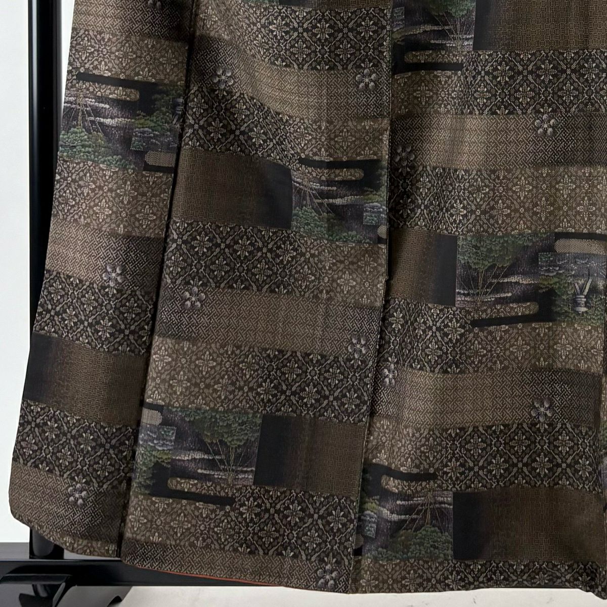 【美品】 大島紬織 身長159.5cm 袖長65cm M 雙層 ほていや 證書附帶 扇子子 花菱 茶 純蠶絲 逸品級