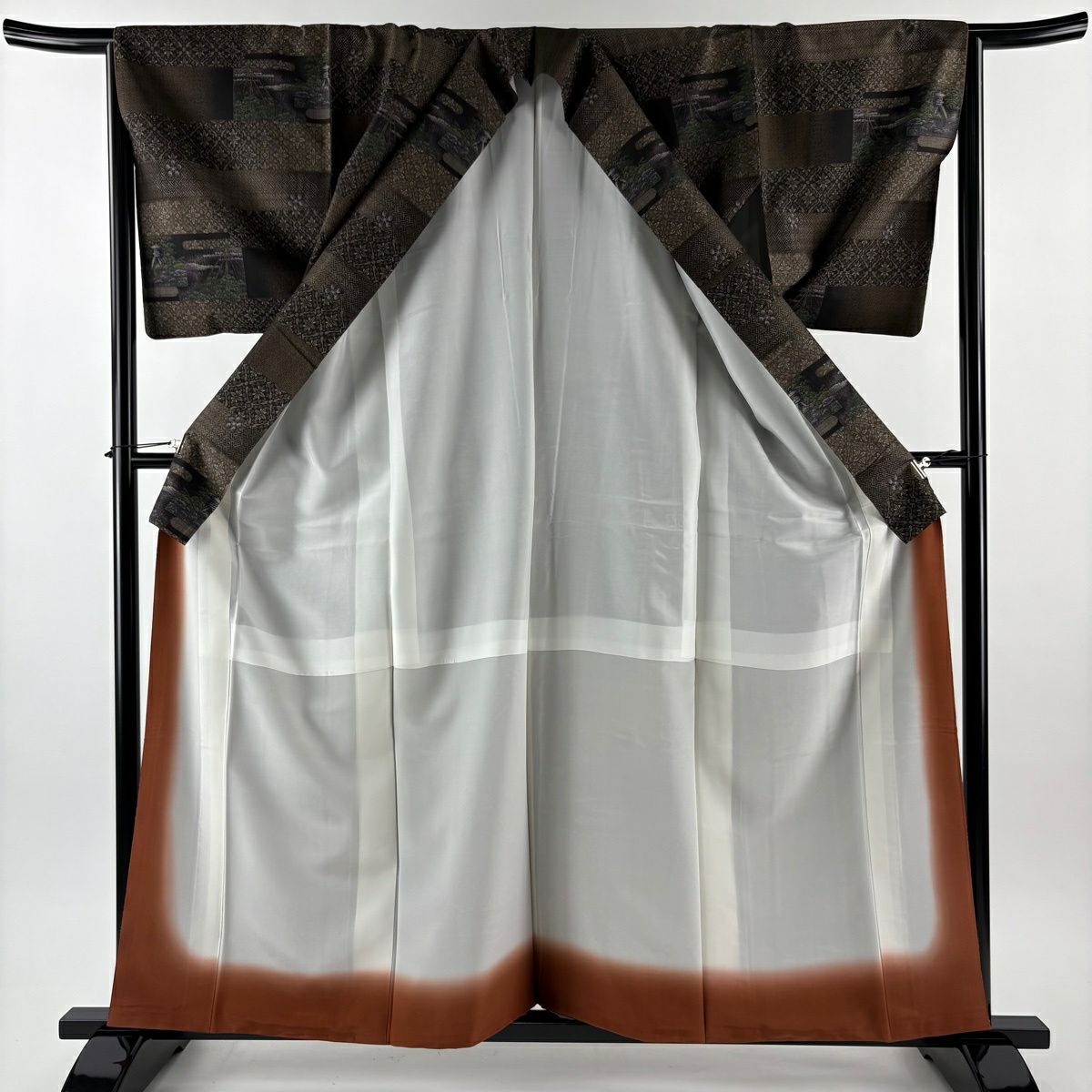 【美品】 大島紬織 身長159.5cm 袖長65cm M 雙層 ほていや 證書附帶 扇子子 花菱 茶 純蠶絲 逸品級