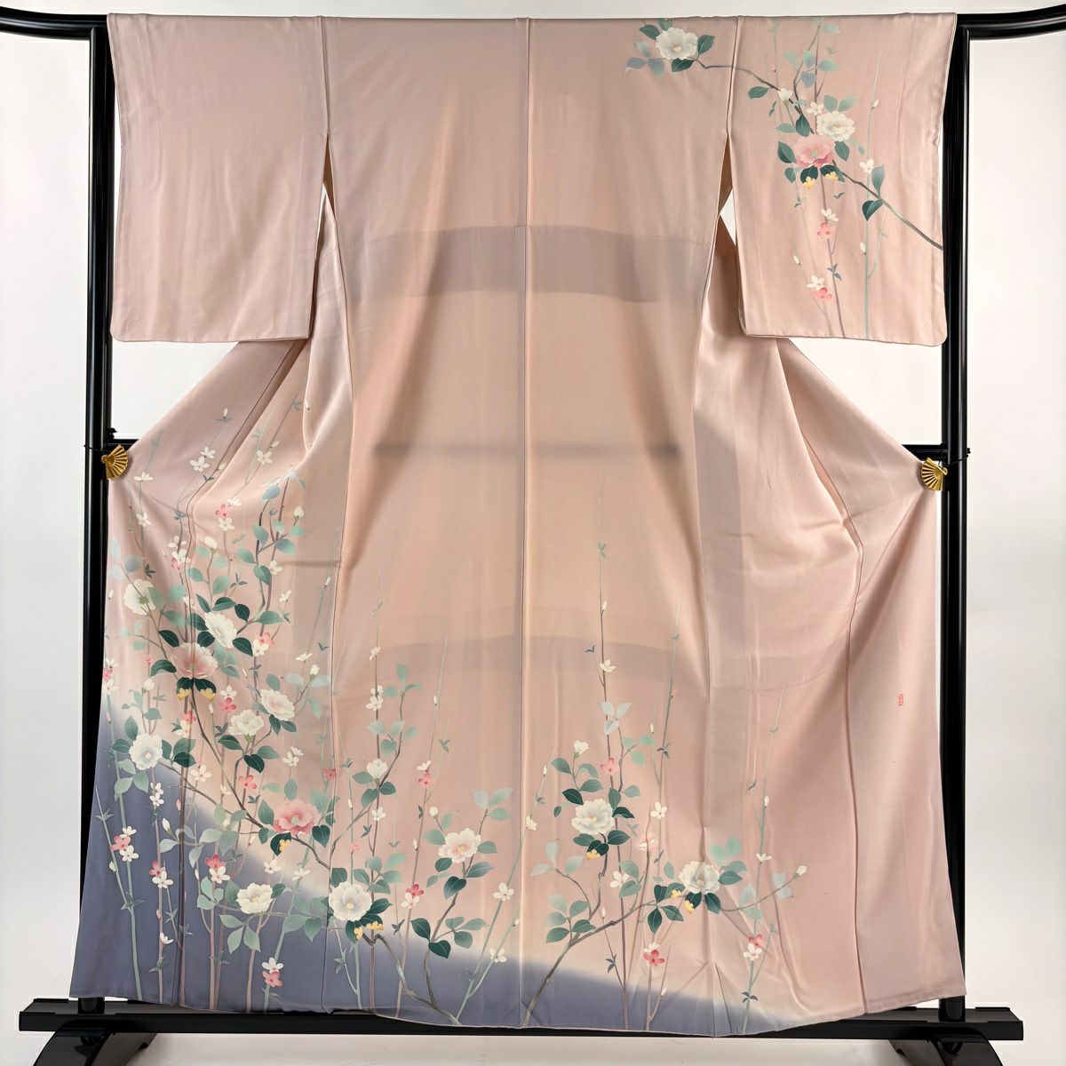 訪問服 身長158cm 袖長64.5cm M 雙層 加賀友禪 奥田勝將 枝花 染分 ぼかし 粉紅 純蠶絲 逸品級