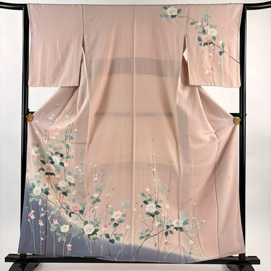 訪問服 身長158cm 袖長64.5cm M 雙層 加賀友禪 奥田勝將 枝花 染分 ぼかし 粉紅 純蠶絲 逸品級