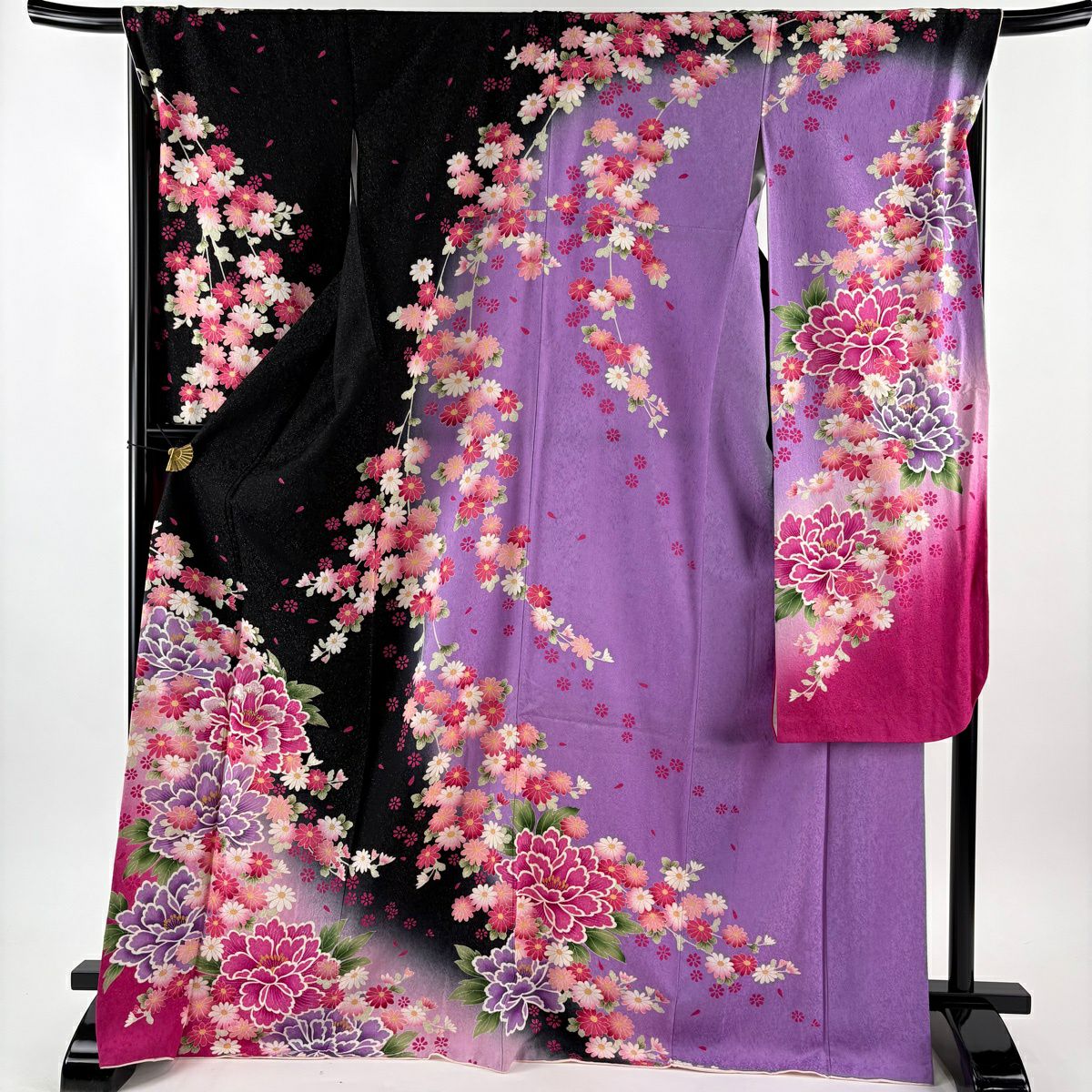 【美品】振袖禮服 身長172cm 袖長69cm L 雙層 牡丹 菊花 刺繡 金銀彩 黑 純蠶絲 逸品級