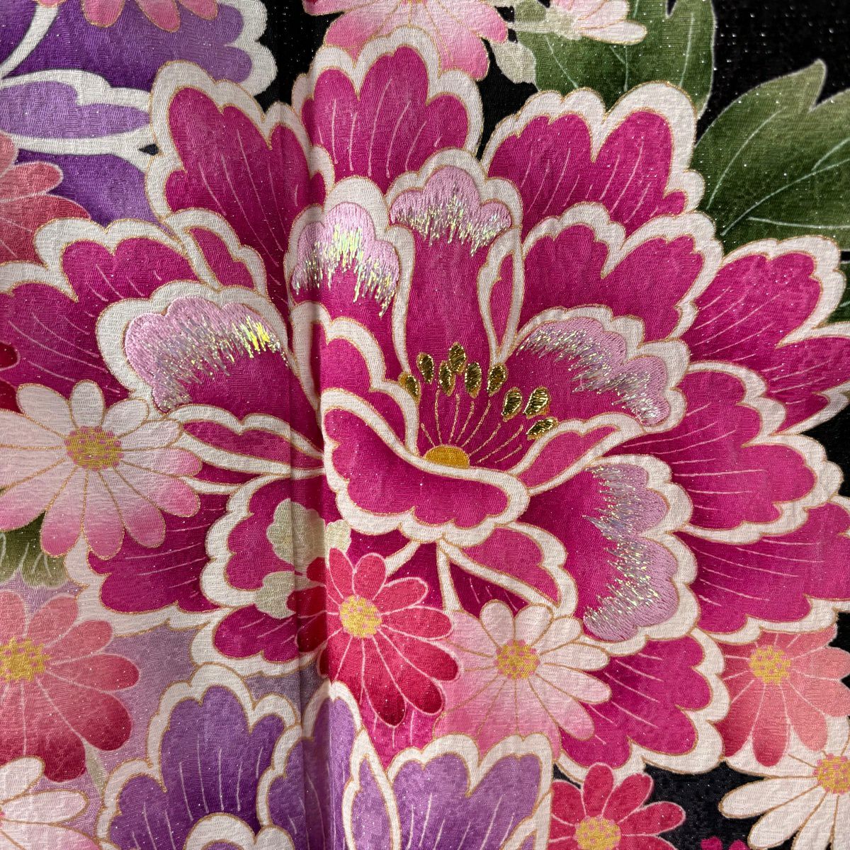 【美品】振袖禮服 身長172cm 袖長69cm L 雙層 牡丹 菊花 刺繡 金銀彩 黑 純蠶絲 逸品級
