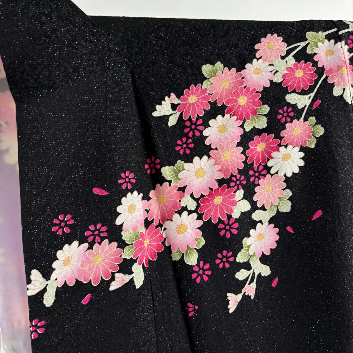 【美品】振袖禮服 身長172cm 袖長69cm L 雙層 牡丹 菊花 刺繡 金銀彩 黑 純蠶絲 逸品級