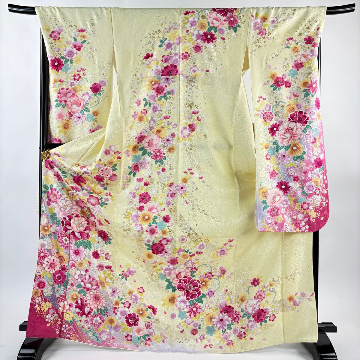 【美品】振袖禮服 身長176cm 袖長69.5cm L 雙層 牡丹 櫻花 金銀彩 淡黃 純蠶絲 逸品級