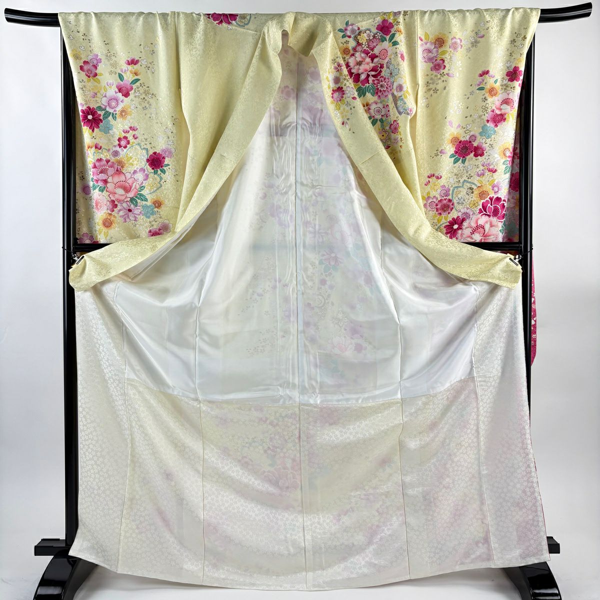 【美品】振袖禮服 身長176cm 袖長69.5cm L 雙層 牡丹 櫻花 金銀彩 淡黃 純蠶絲 逸品級