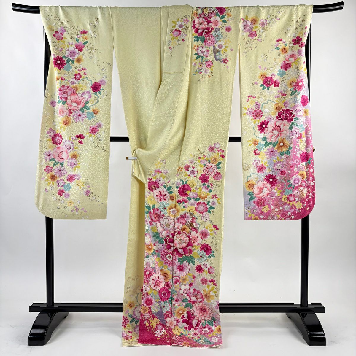 【美品】振袖禮服 身長176cm 袖長69.5cm L 雙層 牡丹 櫻花 金銀彩 淡黃 純蠶絲 逸品級