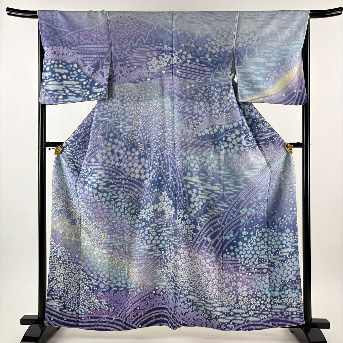 訪問服 身長164cm 袖長66.5cm M 雙層 草花紋紋 波 銀通 金絲 青紫 純蠶絲 逸品級