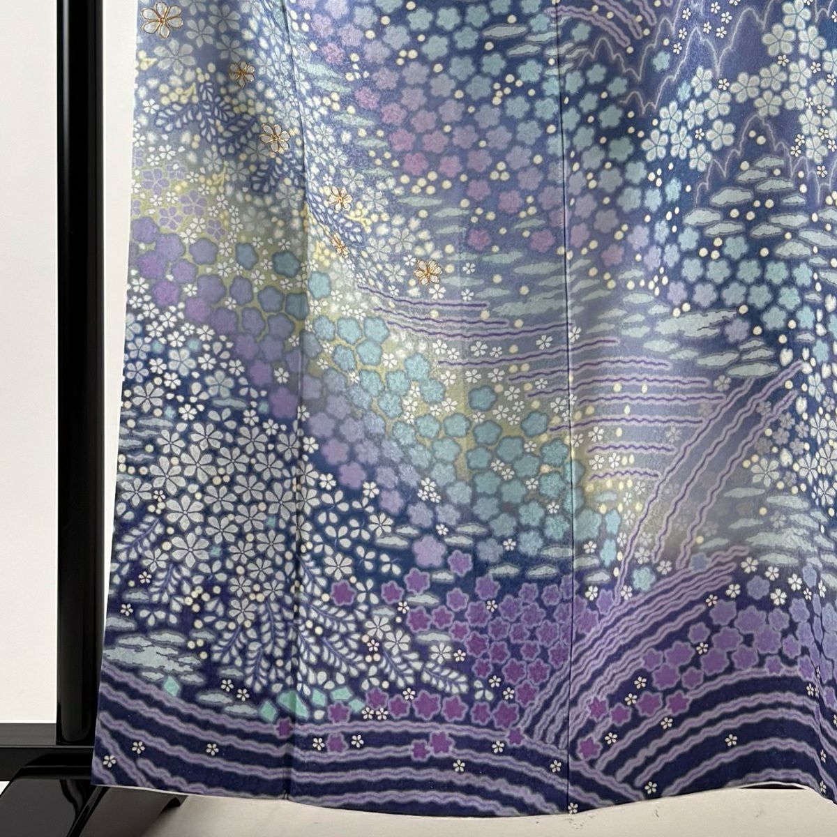 訪問服 身長164cm 袖長66.5cm M 雙層 草花紋紋 波 銀通 金絲 青紫 純蠶絲 逸品級