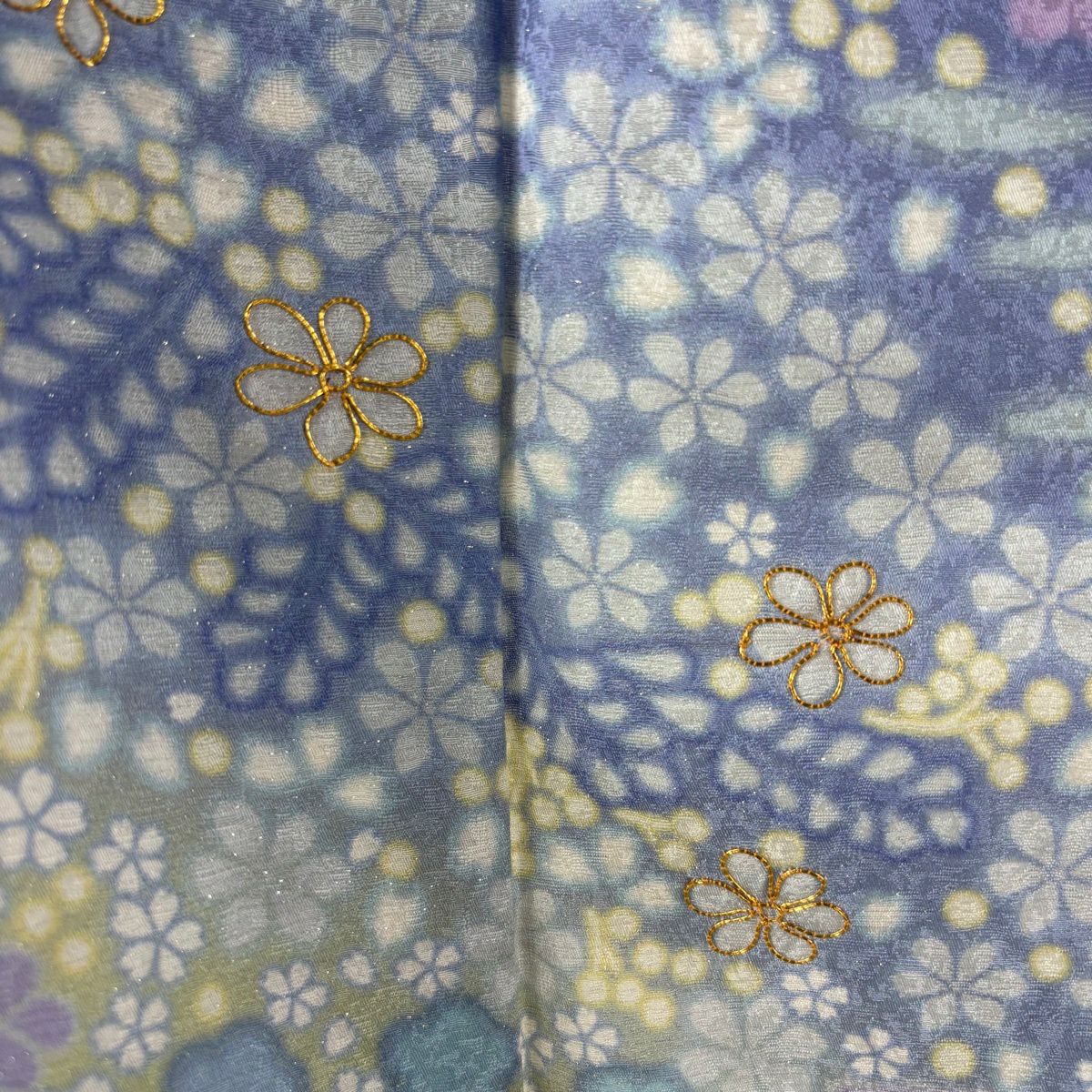 訪問服 身長164cm 袖長66.5cm M 雙層 草花紋紋 波 銀通 金絲 青紫 純蠶絲 逸品級