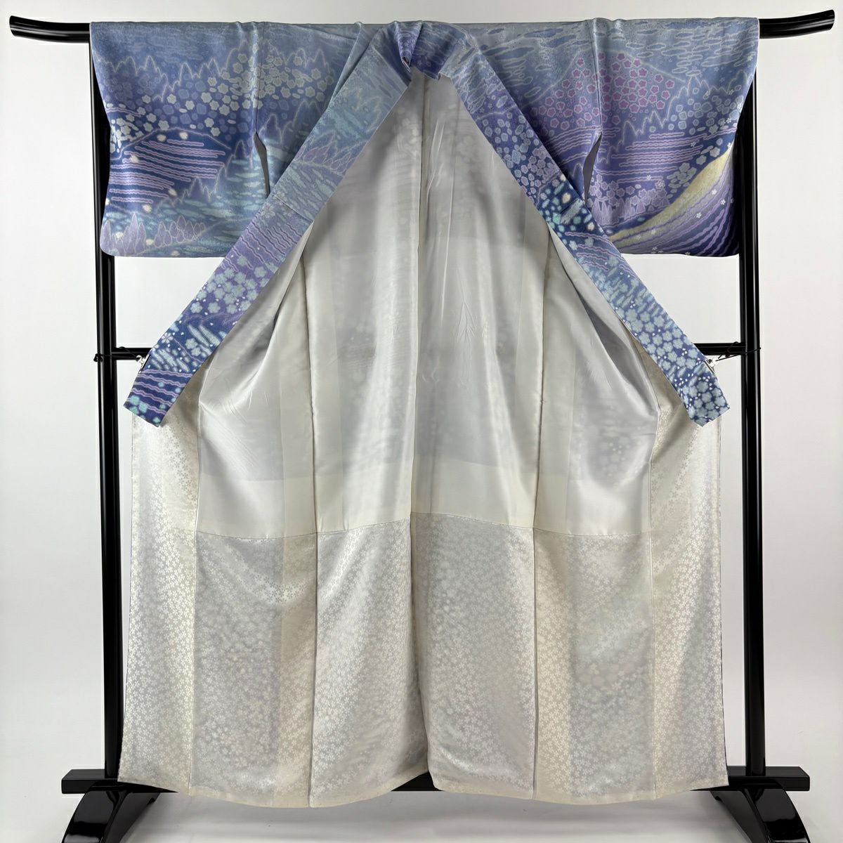 訪問服 身長164cm 袖長66.5cm M 雙層 草花紋紋 波 銀通 金絲 青紫 純蠶絲 逸品級