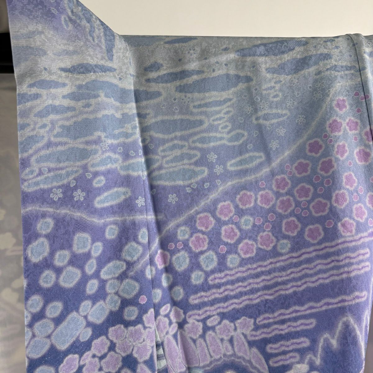 訪問服 身長164cm 袖長66.5cm M 雙層 草花紋紋 波 銀通 金絲 青紫 純蠶絲 逸品級