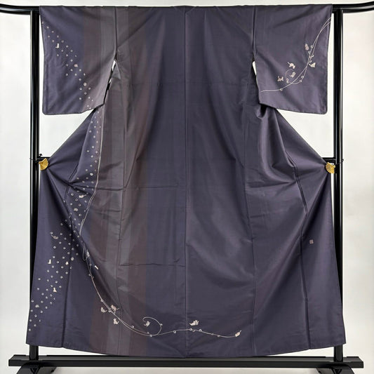 【美品】訪問服 身長158cm 袖長62cm S 雙層 紬織織 落款あり 貓 鈴 刺繡 灰紫 純蠶絲 逸品級