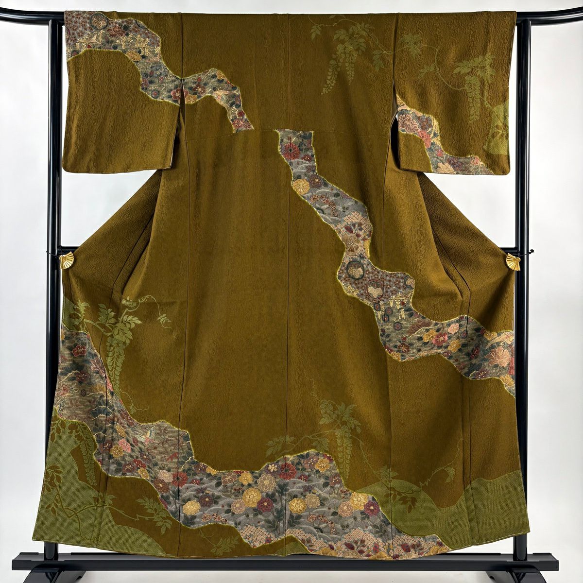 訪問服 身長158cm 袖長62cm S 雙層 椿 蝶 刺繡 金糸 茶綠 純蠶絲 逸品級