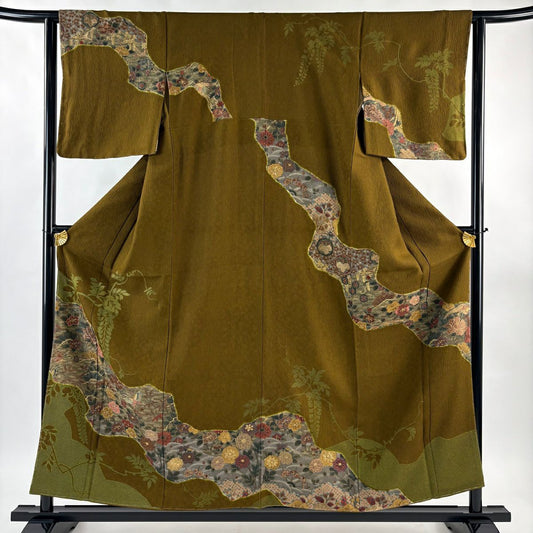 訪問服 身長158cm 袖長62cm S 雙層 椿 蝶 刺繡 金糸 茶綠 純蠶絲 逸品級