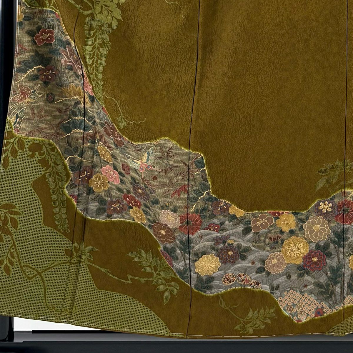 訪問服 身長158cm 袖長62cm S 雙層 椿 蝶 刺繡 金糸 茶綠 純蠶絲 逸品級