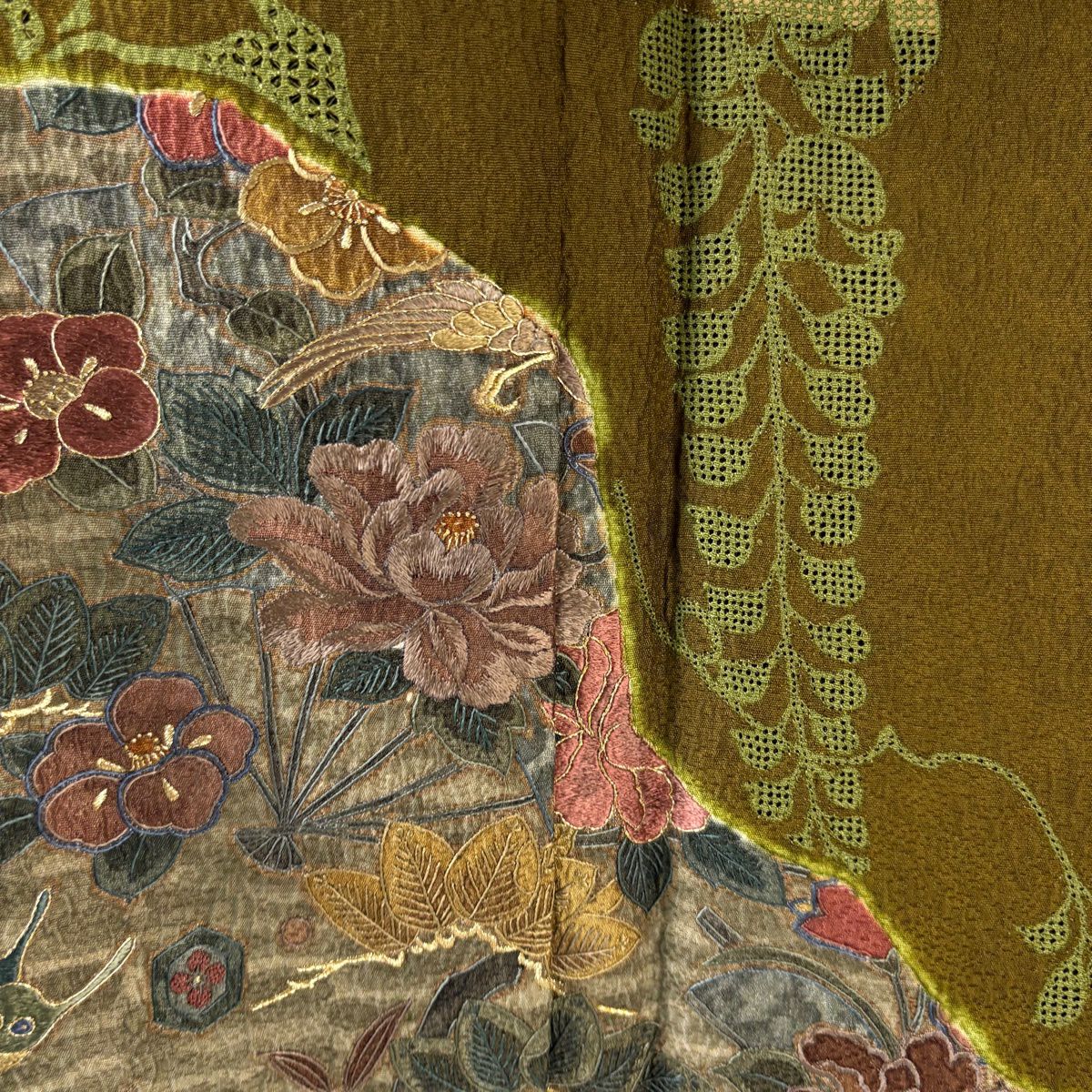 訪問服 身長158cm 袖長62cm S 雙層 椿 蝶 刺繡 金糸 茶綠 純蠶絲 逸品級