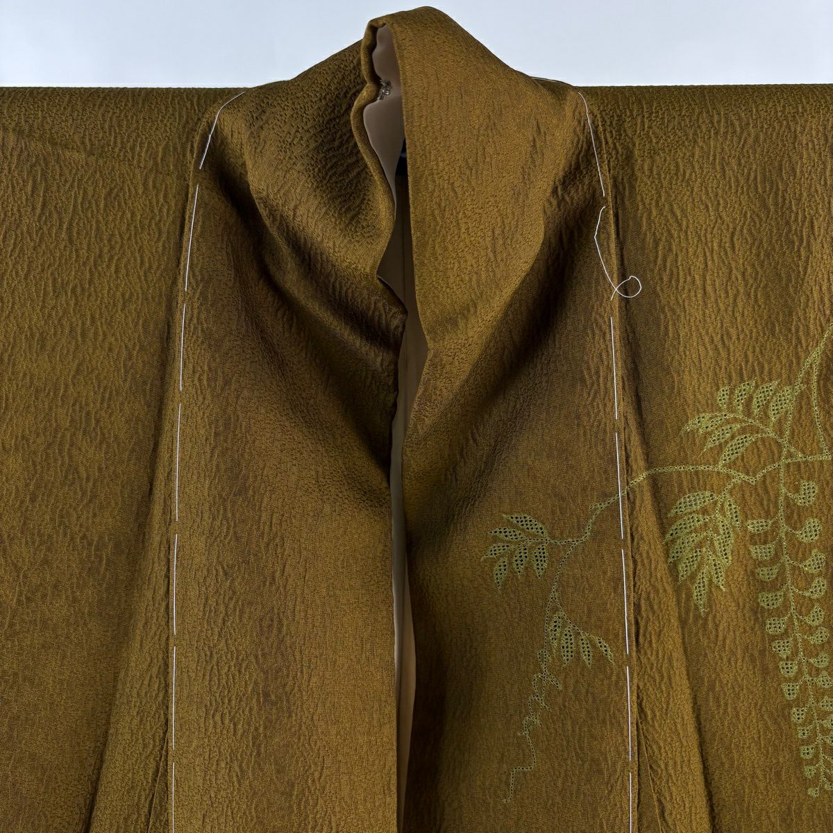 訪問服 身長158cm 袖長62cm S 雙層 椿 蝶 刺繡 金糸 茶綠 純蠶絲 逸品級