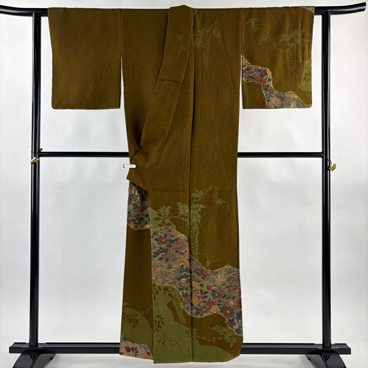 訪問服 身長158cm 袖長62cm S 雙層 椿 蝶 刺繡 金糸 茶綠 純蠶絲 逸品級