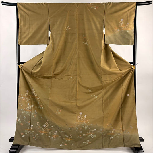 【美品】訪問服 身長172cm 袖長65.5cm M 雙層 牛首紬織織 落款あり 桔梗 草花紋紋 漸層 金彩裝飾 茶 純蠶絲 逸品級
